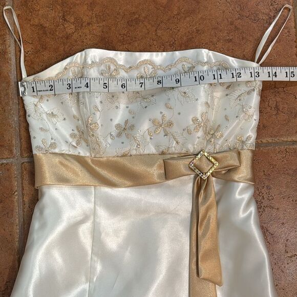 Jessica McClintock Gunne Sax Strapless Embroidered Gold Lace Satin Maxi Dress 1 - Picture 10 of 12